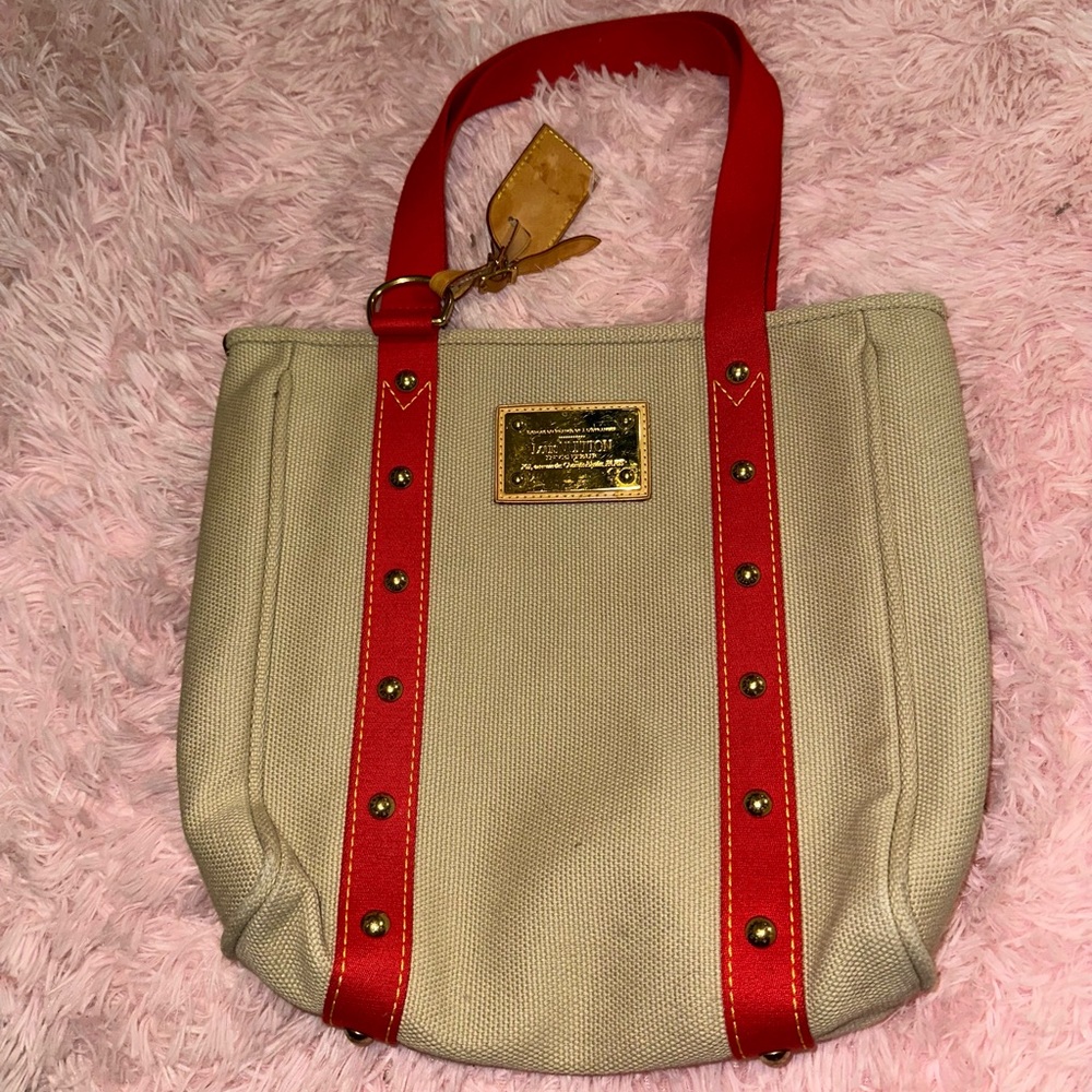 Louis Vuitton Cream and Red Tote Bag with Leather Trim